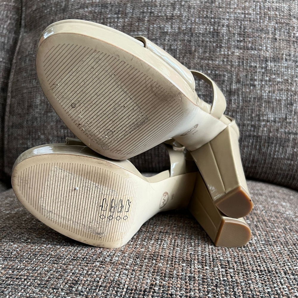 Michael Kors Beige Patent Leather Zip T-Strap Heels - Picture 6 of 9